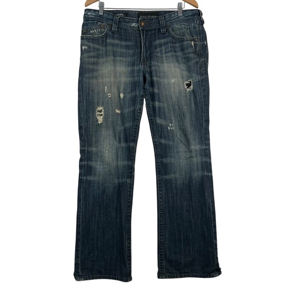 VTG Affliction Cooper‎ Relaxed Bootcut Distressed Denim Jeans Blue 34 Destroyed - Picture 1 of 11